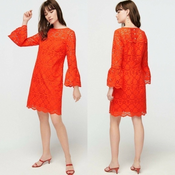 J. CREW AK236 BELL SLEEVE EMBROIDERED EYELET SCALLOP HEM SHIFT DRESS - Picture 1 of 16